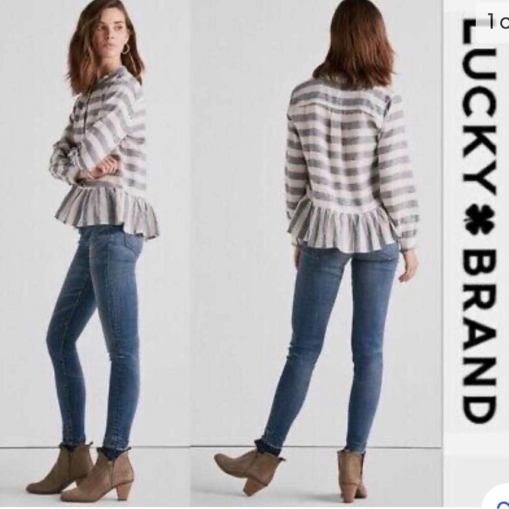Lucky Brand Blue/White Stripe Peplum Hem Top Sz M Buttons at Neckline Woven Top